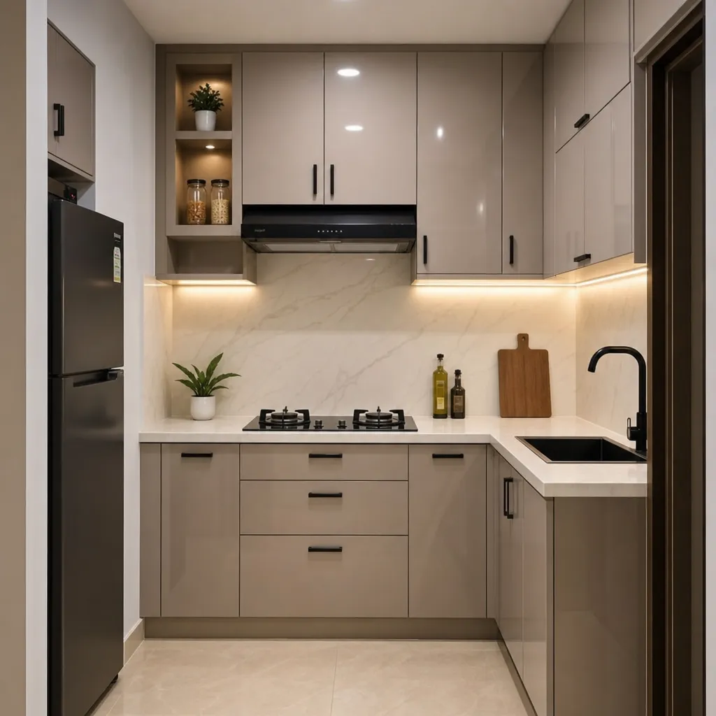Küçük Bir Daire İçin Tasarlanmış, Şık Bir Yüzeye Sahip Modern PVC Mutfak Dolapları