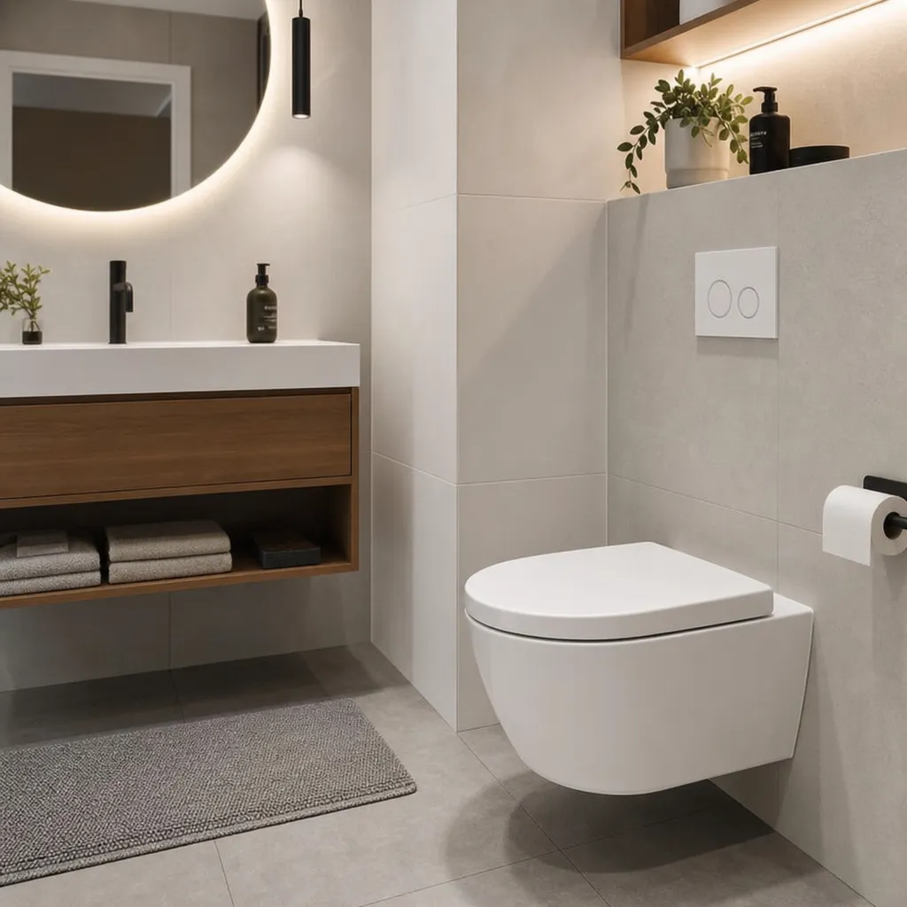 Şık Beyaz Asma Tuvaletli Modern Banyo