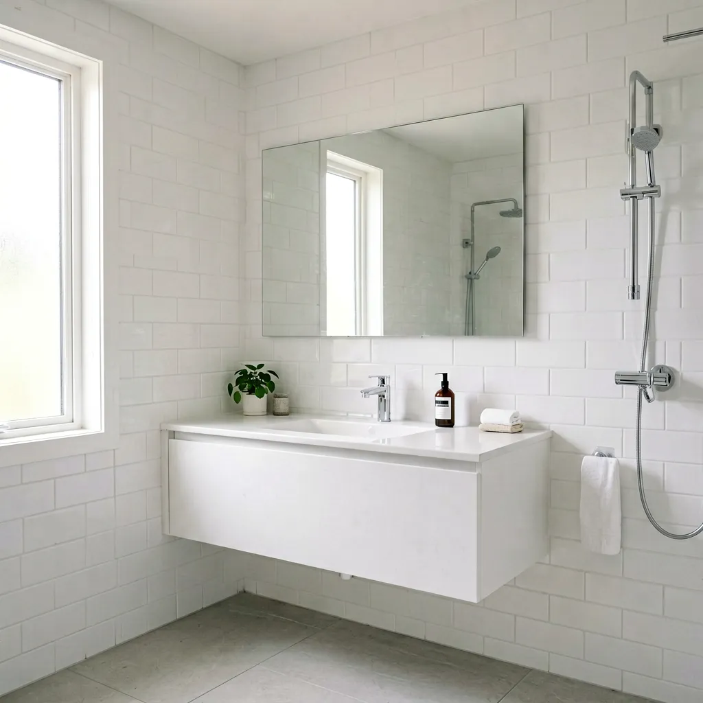 Modern minimalist bathroom design featuring clean white walls, floating vanity, and frameless mirror