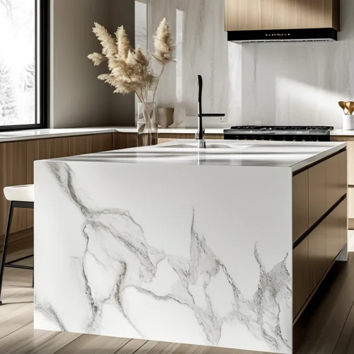 Three premium kitchen countertop materials side by side: quartz, granite, and marble