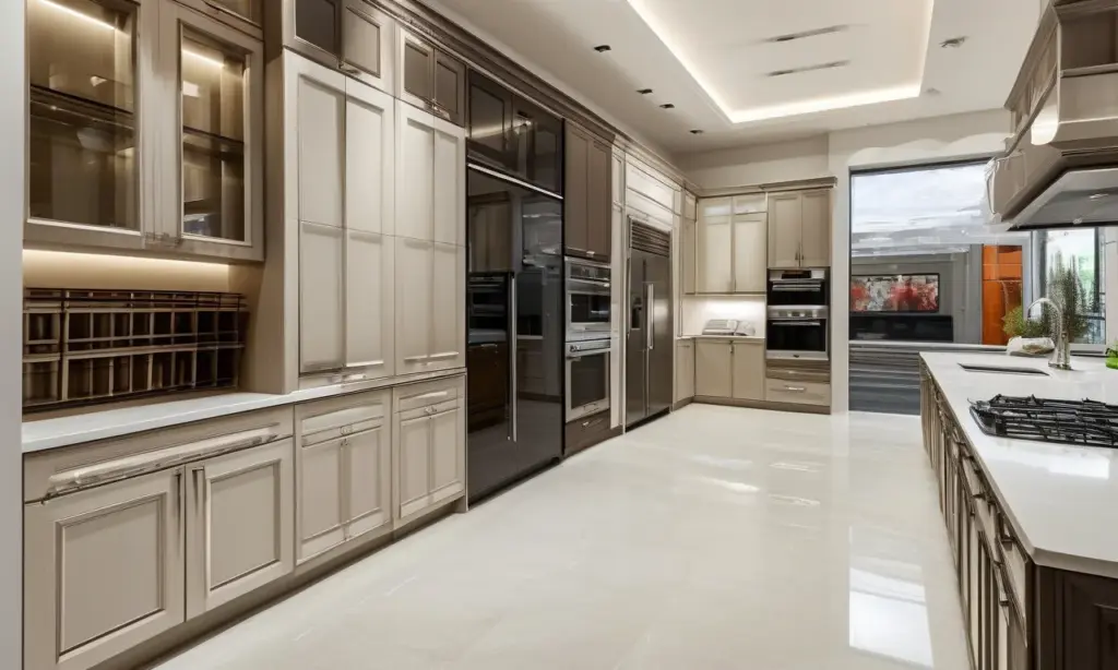 Cover of a modern kitchen cabinet showroom with varied finishes