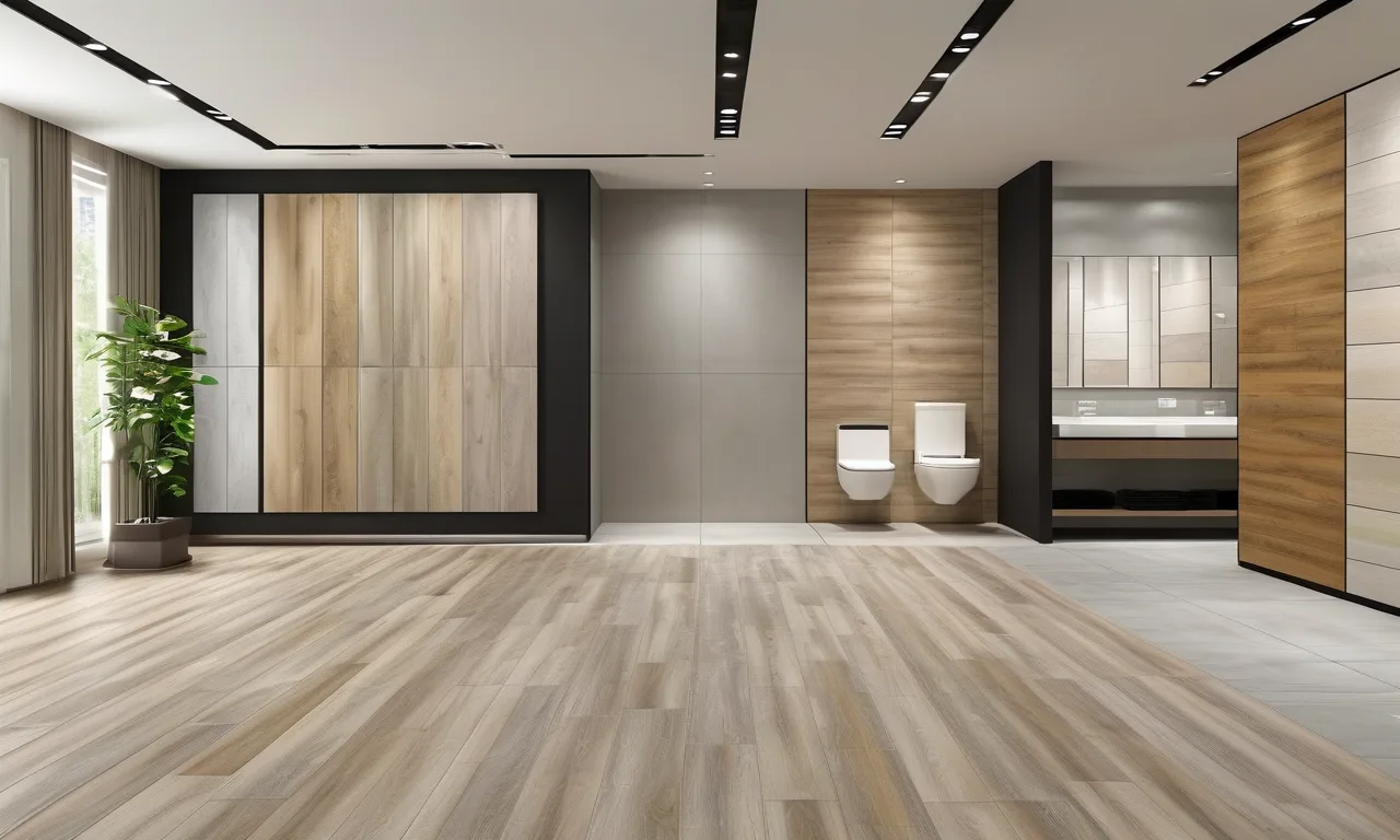 Bathroom flooring showroom comparing vinyl, tile and engineered wood samples
